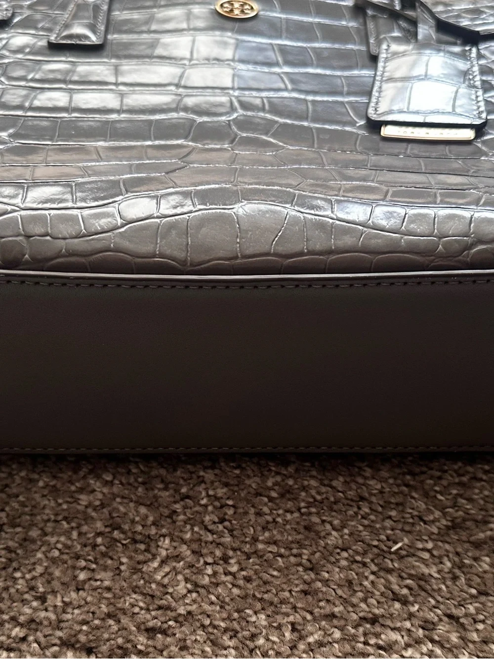 Tory Burch Gray Croc-Embossed Satchel with Gold Logo, missing long strap